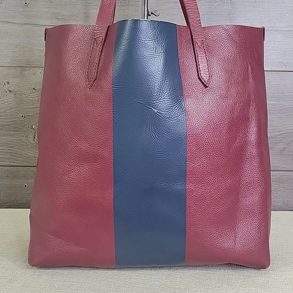 Large J.Crew Burgundy Striped Leather Tote Bag - Picture 4 of 14
